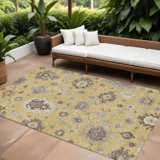 Gold Ivory And Brown Floral Washable Indoor Outdoor Area Rug Photo 1