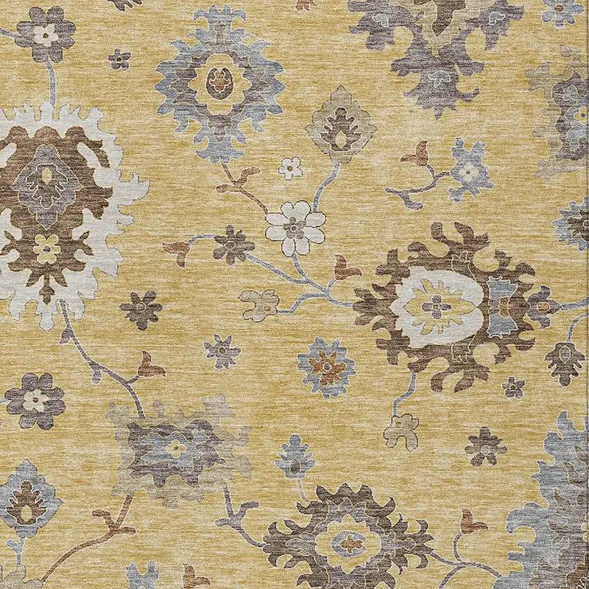 Gold Ivory And Brown Floral Washable Indoor Outdoor Area Rug Photo 5