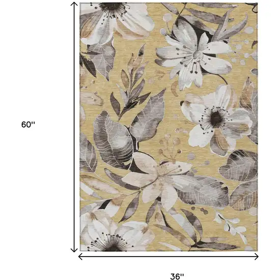 Gold Ivory And Charcoal Floral Washable Indoor Outdoor Area Rug Photo 3