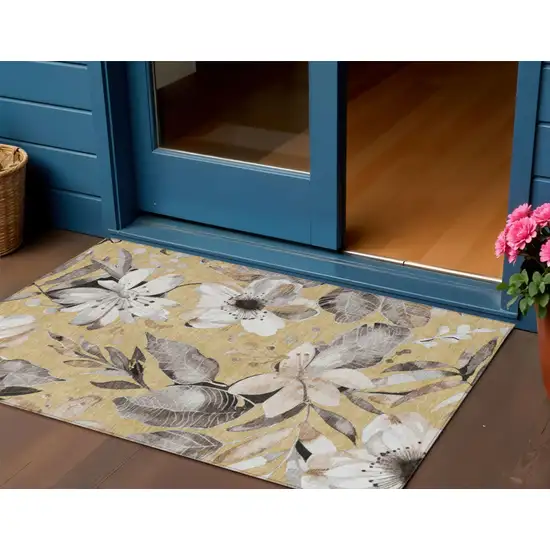 Gold Ivory And Charcoal Floral Washable Indoor Outdoor Area Rug Photo 1
