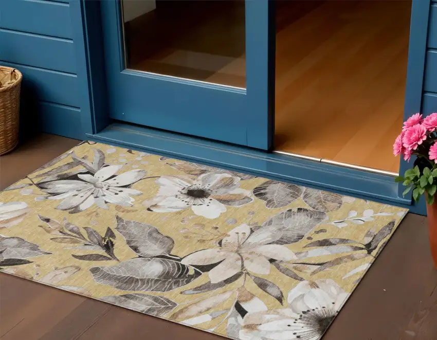 Gold Ivory And Charcoal Floral Washable Indoor Outdoor Area Rug Photo 1