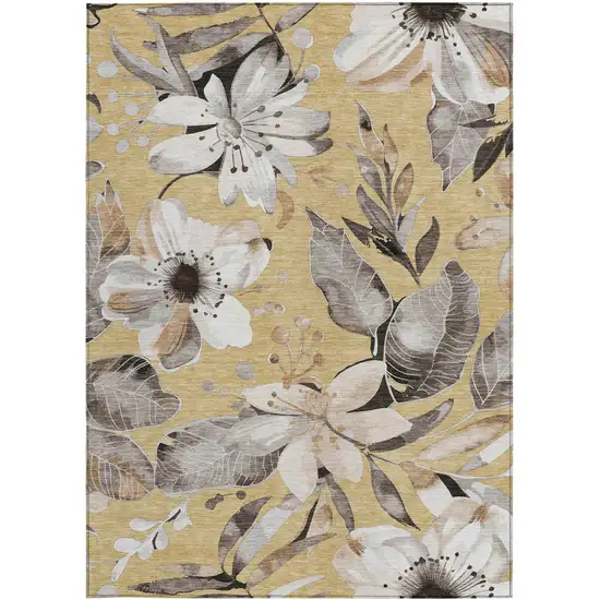 Gold Ivory And Charcoal Floral Washable Indoor Outdoor Area Rug Photo 5