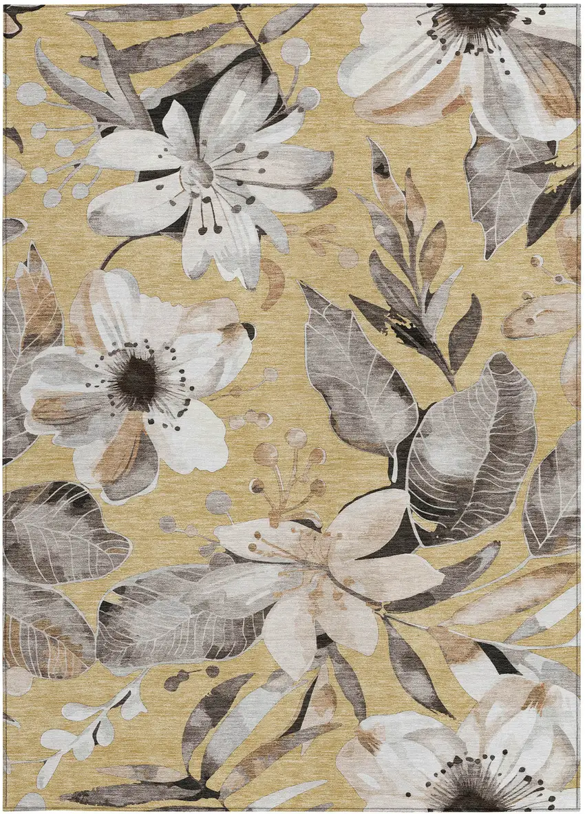 Gold Ivory And Charcoal Floral Washable Indoor Outdoor Area Rug Photo 5