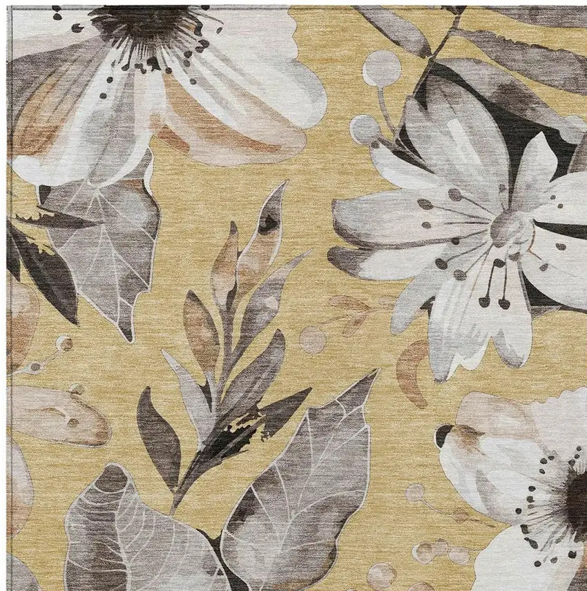 Gold Ivory And Charcoal Floral Washable Indoor Outdoor Area Rug Photo 7