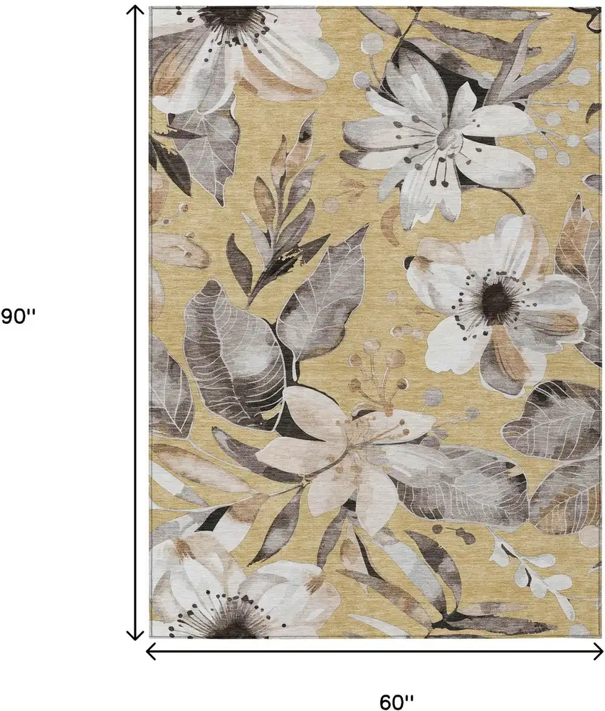 Gold Ivory And Charcoal Floral Washable Indoor Outdoor Area Rug Photo 3