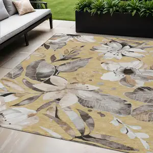 Photo of Gold Ivory And Charcoal Floral Washable Indoor Outdoor Area Rug