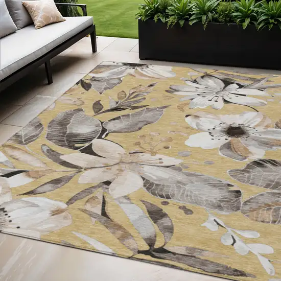 Gold Ivory And Charcoal Floral Washable Indoor Outdoor Area Rug Photo 1
