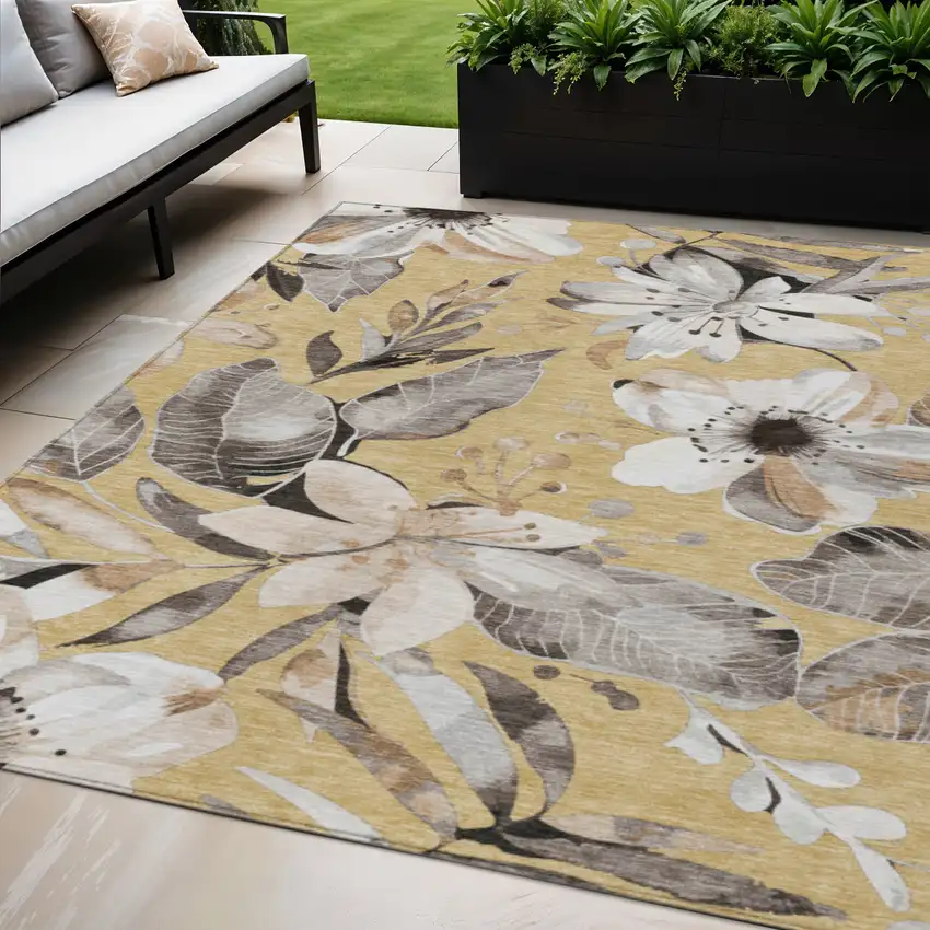 Gold Ivory And Charcoal Floral Washable Indoor Outdoor Area Rug Photo 1