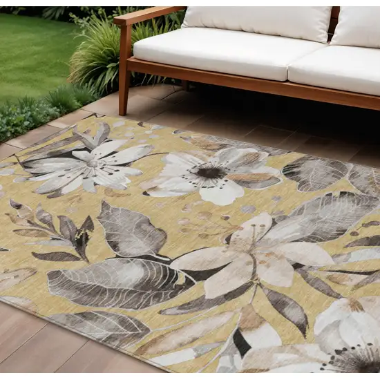 Gold Ivory And Charcoal Floral Washable Indoor Outdoor Area Rug Photo 1