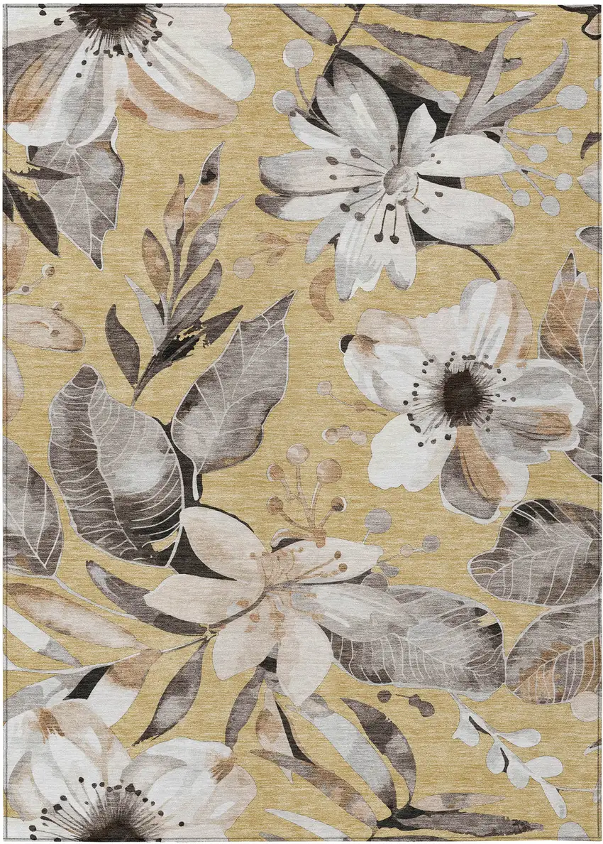 Gold Ivory And Charcoal Floral Washable Indoor Outdoor Area Rug Photo 2