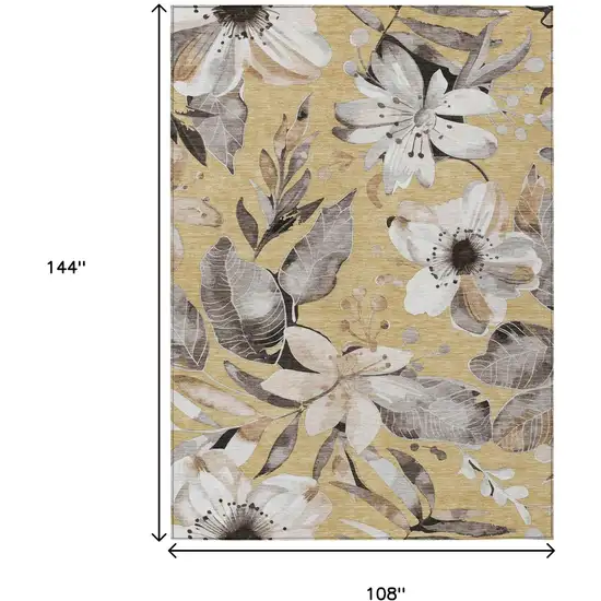 Gold Ivory And Charcoal Floral Washable Indoor Outdoor Area Rug Photo 3
