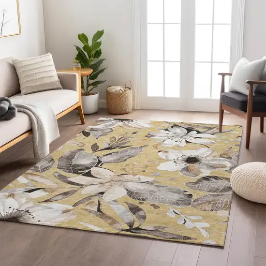 Gold Ivory And Charcoal Floral Washable Indoor Outdoor Area Rug Photo 9