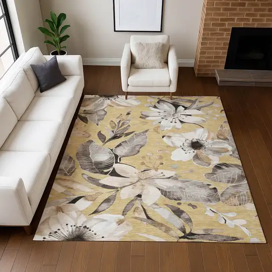 Gold Ivory And Charcoal Floral Washable Indoor Outdoor Area Rug Photo 9