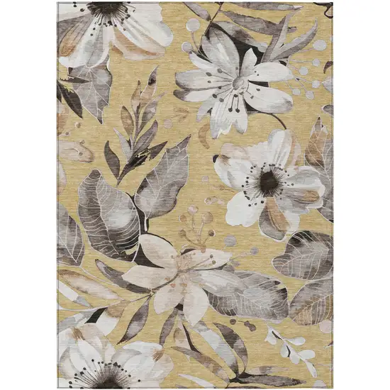 Gold Ivory And Charcoal Floral Washable Indoor Outdoor Area Rug Photo 2