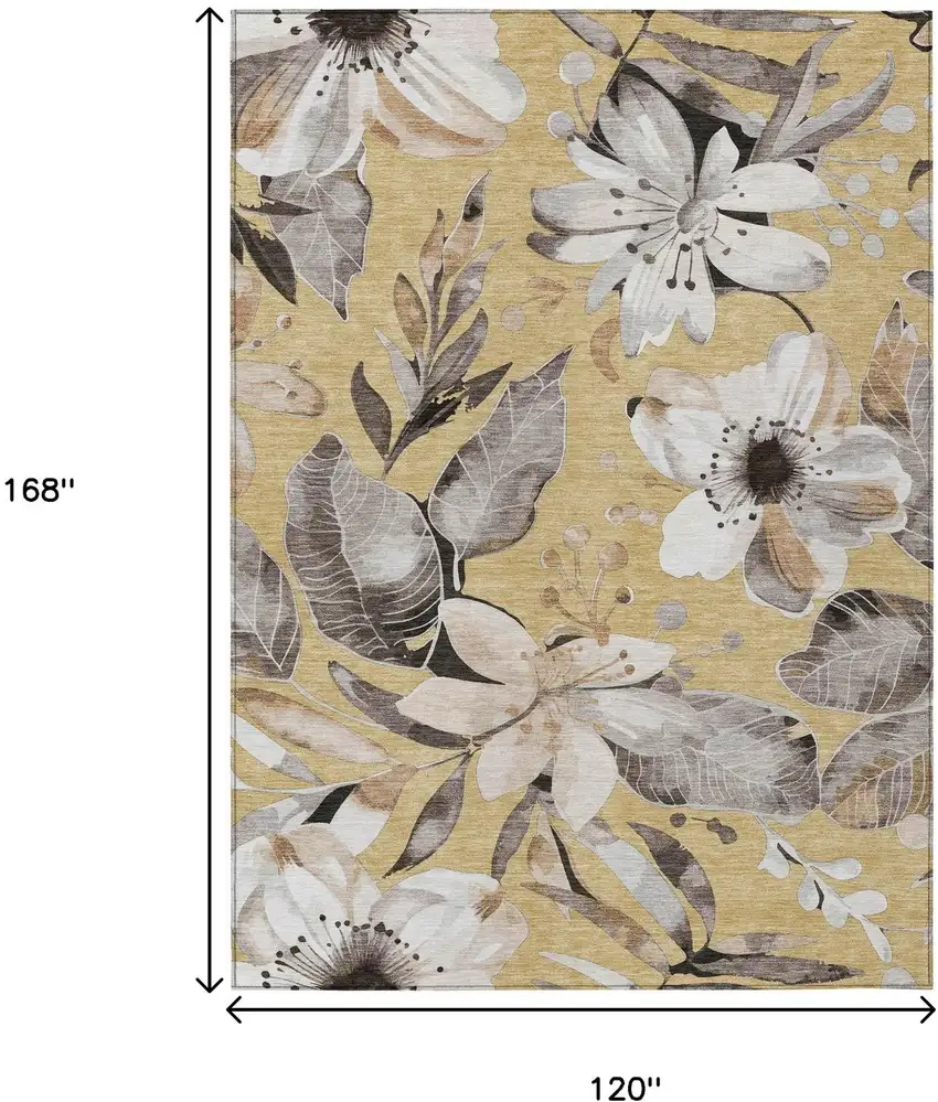 Gold Ivory And Charcoal Floral Washable Indoor Outdoor Area Rug Photo 3