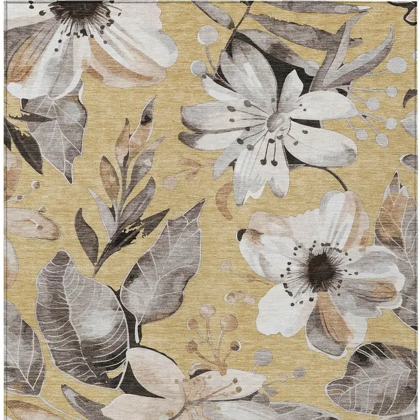 Gold Ivory And Charcoal Floral Washable Indoor Outdoor Area Rug Photo 4