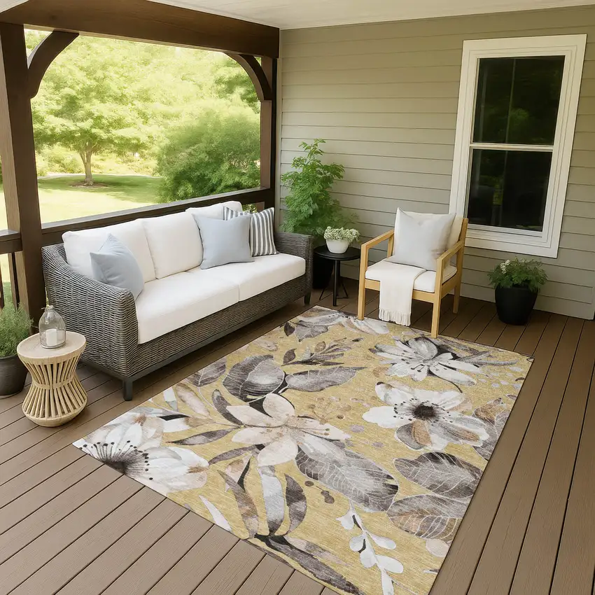 Gold Ivory And Charcoal Floral Washable Indoor Outdoor Area Rug Photo 8