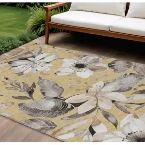 Photo of Gold Ivory And Charcoal Floral Washable Indoor Outdoor Area Rug