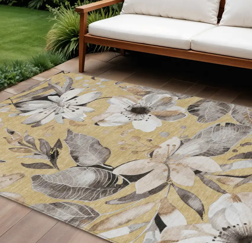 Gold Ivory And Charcoal Floral Washable Indoor Outdoor Area Rug Photo 1