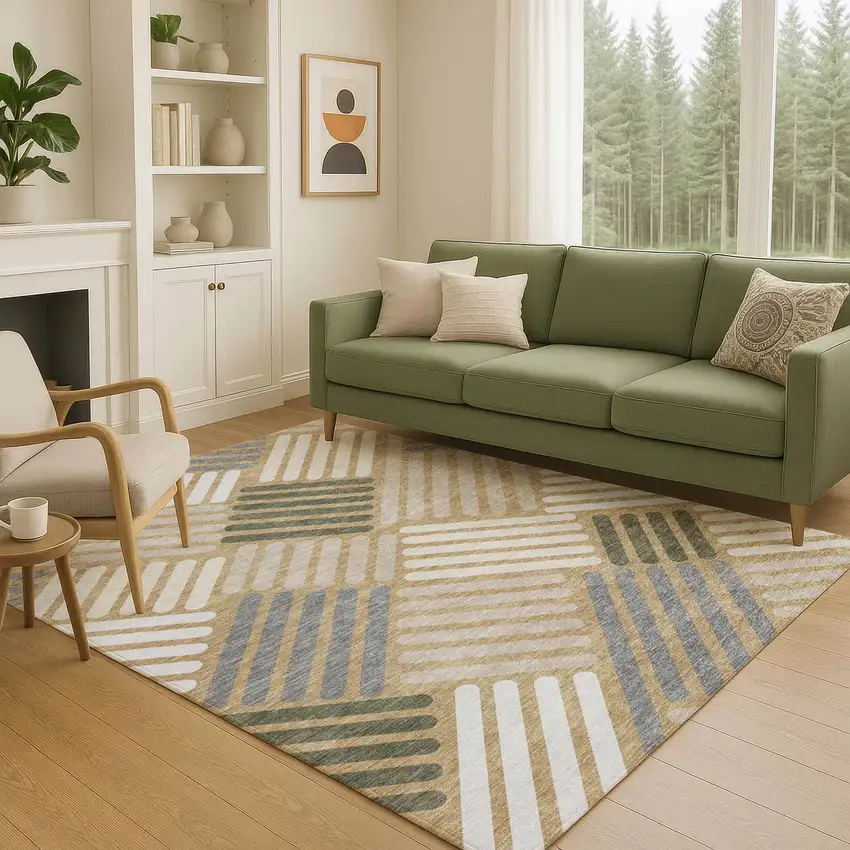 Gold Ivory And Charcoal Geometric Washable Indoor Outdoor Area Rug Photo 8