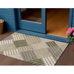 Photo of Gold Ivory And Charcoal Geometric Washable Indoor Outdoor Area Rug