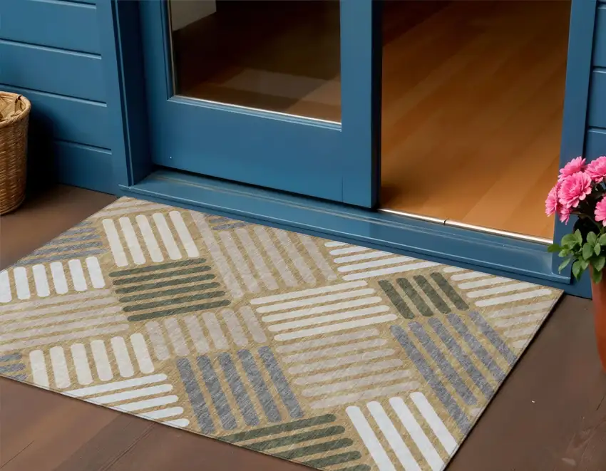 Gold Ivory And Charcoal Geometric Washable Indoor Outdoor Area Rug Photo 1