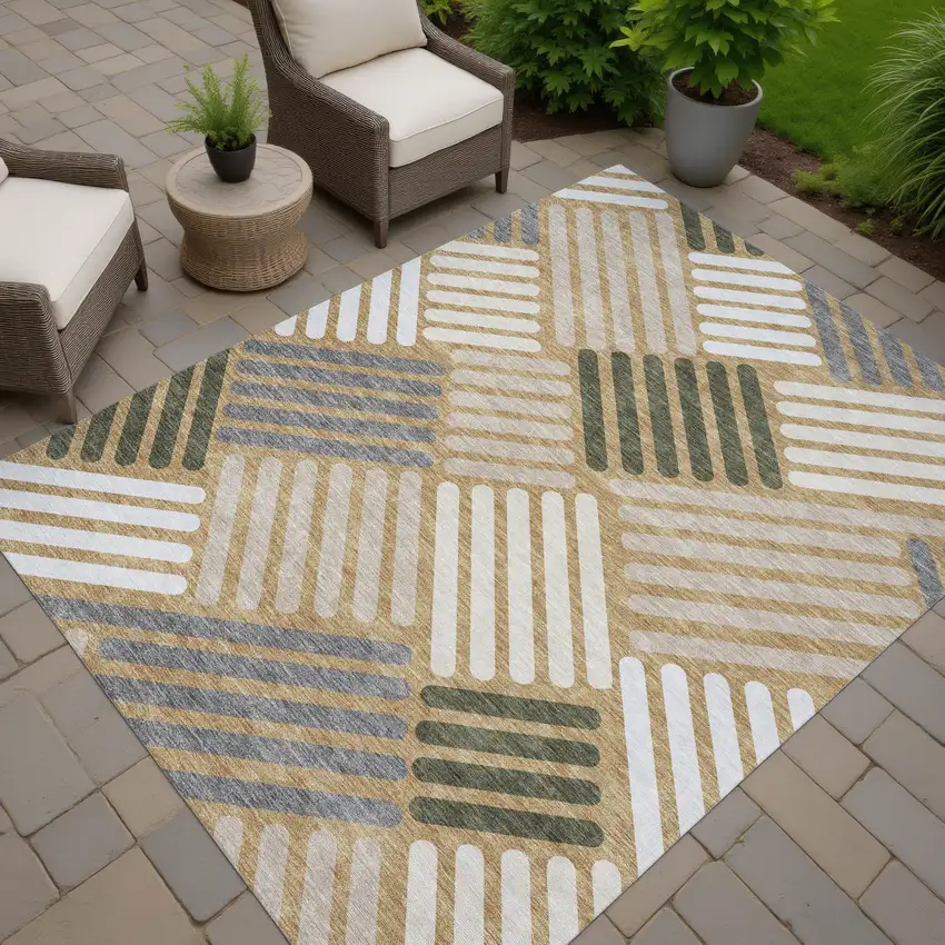 Gold Ivory And Charcoal Geometric Washable Indoor Outdoor Area Rug Photo 7