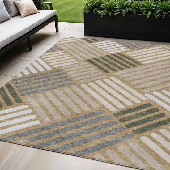 Gold Ivory And Charcoal Geometric Washable Indoor Outdoor Area Rug Photo 1