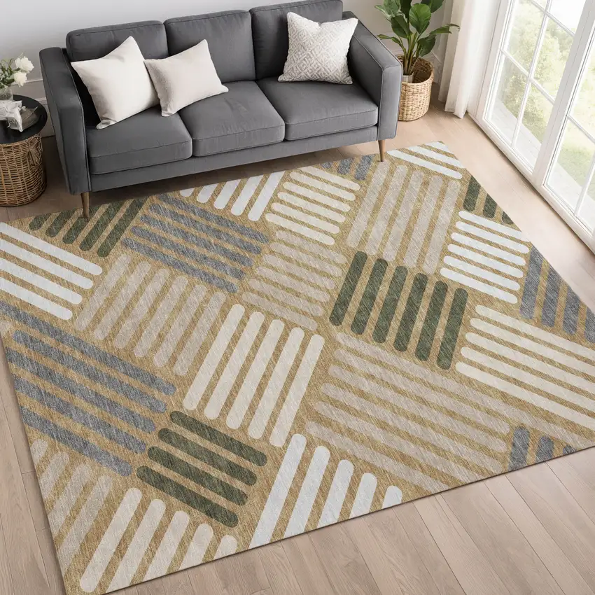Gold Ivory And Charcoal Geometric Washable Indoor Outdoor Area Rug Photo 9