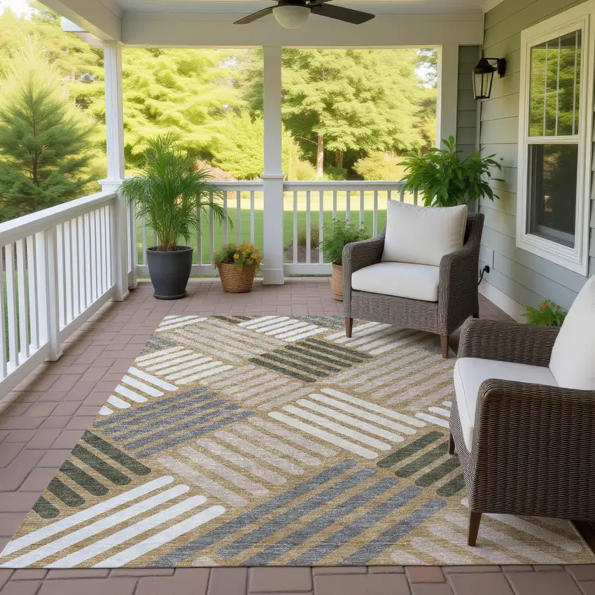 Gold Ivory And Charcoal Geometric Washable Indoor Outdoor Area Rug Photo 9