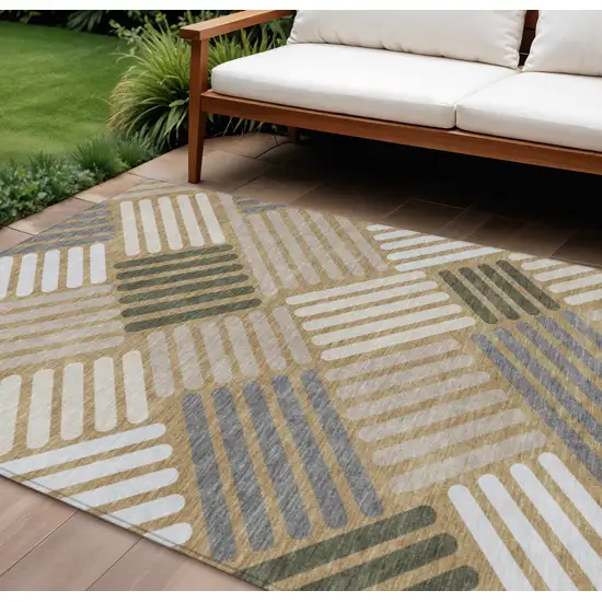Gold Ivory And Charcoal Geometric Washable Indoor Outdoor Area Rug Photo 1