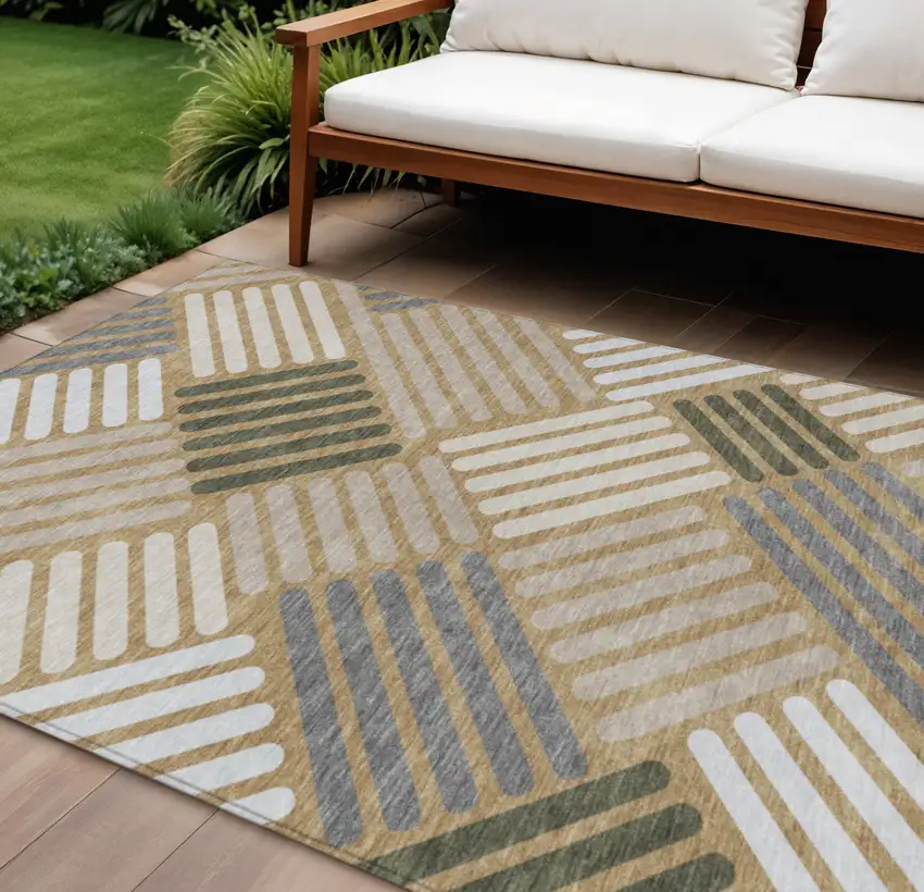 Gold Ivory And Charcoal Geometric Washable Indoor Outdoor Area Rug Photo 1