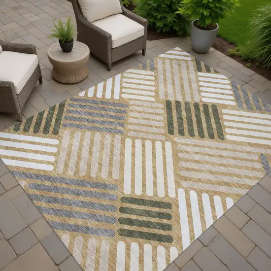 Gold Ivory And Charcoal Geometric Washable Indoor Outdoor Area Rug Photo 7