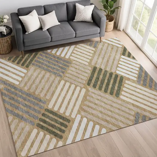 Gold Ivory And Charcoal Geometric Washable Indoor Outdoor Area Rug Photo 9
