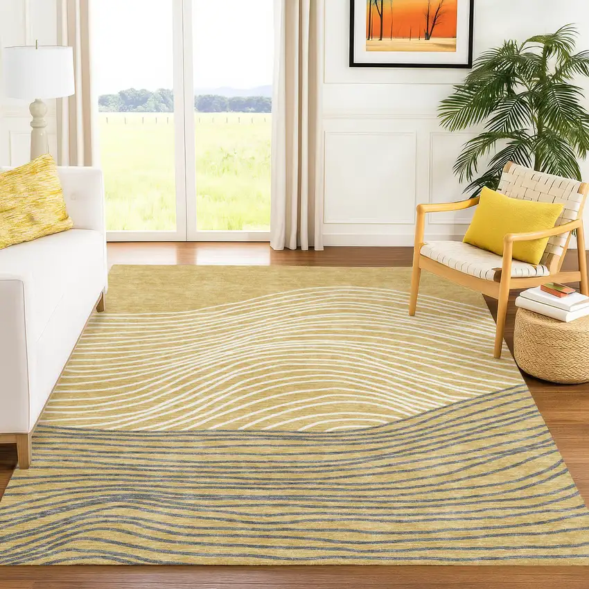 Gold Ivory And Charcoal Striped Washable Indoor Outdoor Area Rug Photo 9