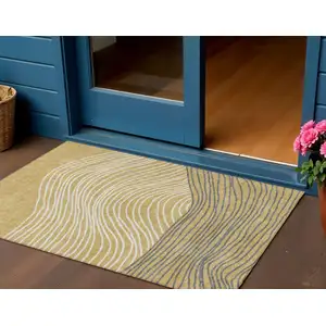 Photo of Gold Ivory And Charcoal Striped Washable Indoor Outdoor Area Rug