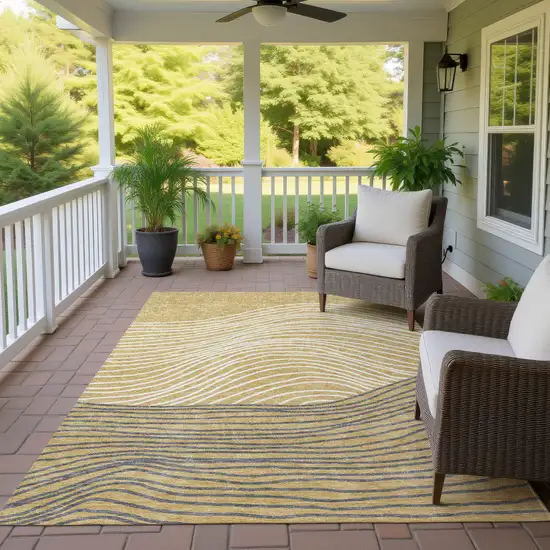 Gold Ivory And Charcoal Striped Washable Indoor Outdoor Area Rug Photo 9