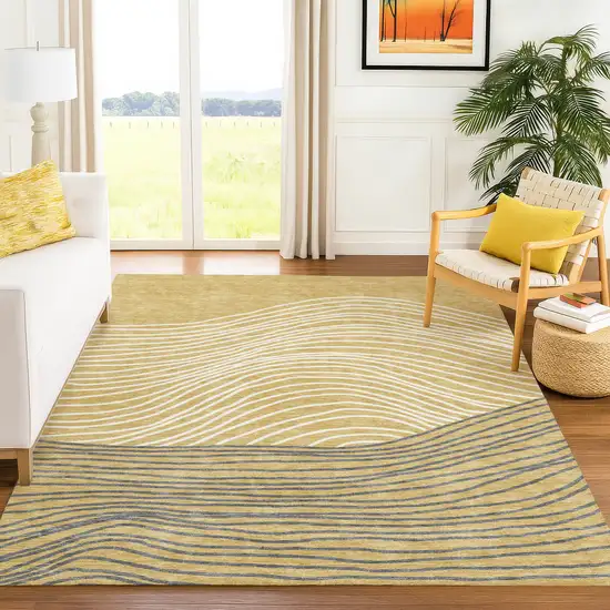 Gold Ivory And Charcoal Striped Washable Indoor Outdoor Area Rug Photo 9