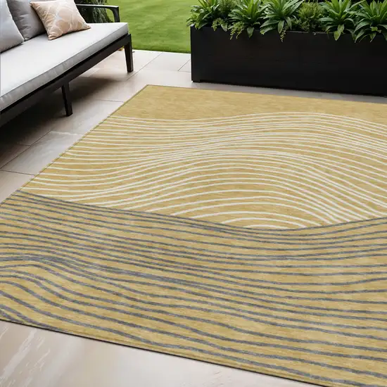 Gold Ivory And Charcoal Striped Washable Indoor Outdoor Area Rug Photo 1