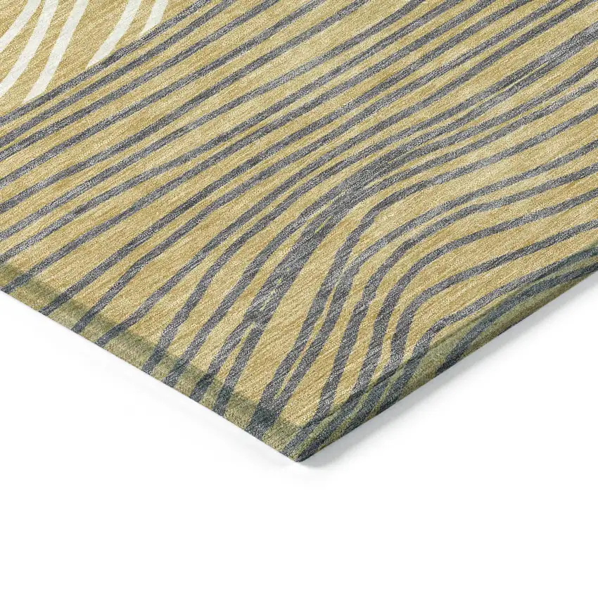 Gold Ivory And Charcoal Striped Washable Indoor Outdoor Area Rug Photo 5
