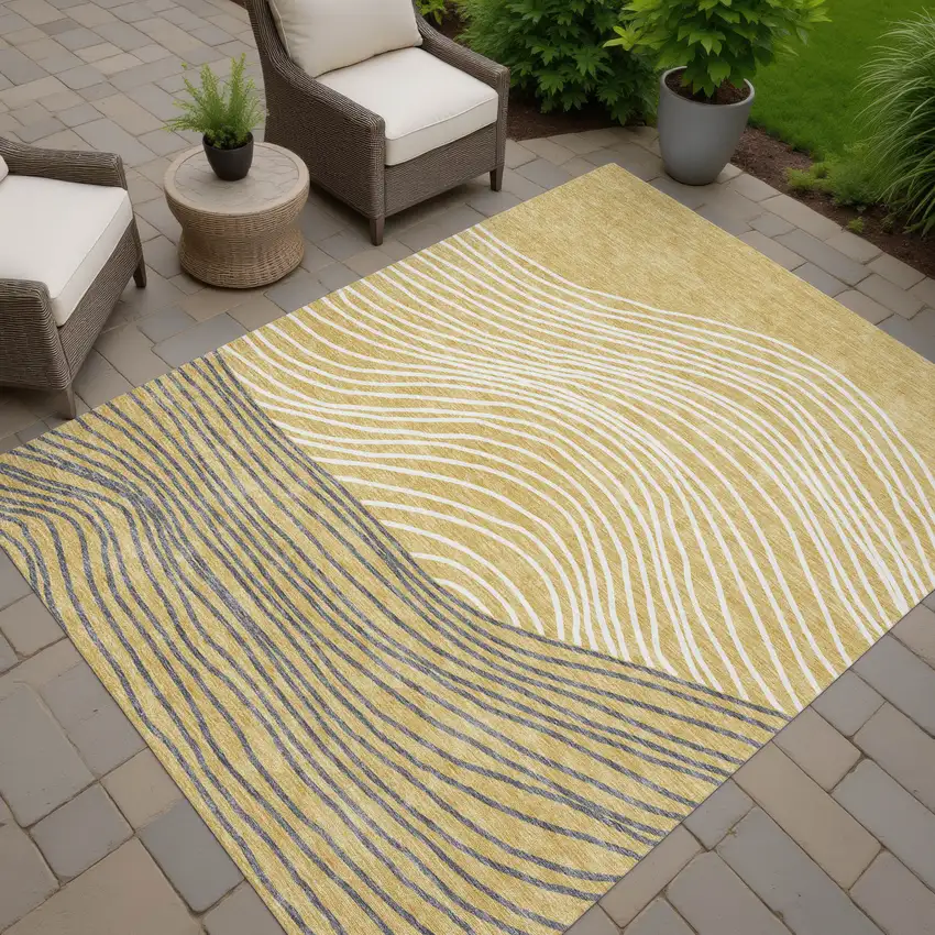 Gold Ivory And Charcoal Striped Washable Indoor Outdoor Area Rug Photo 8