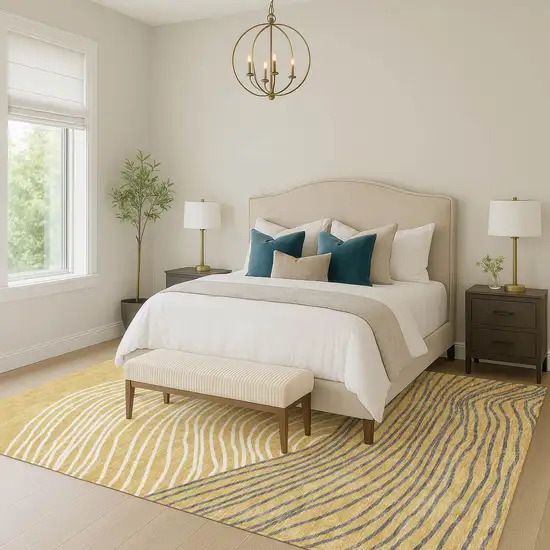 Gold Ivory And Charcoal Striped Washable Indoor Outdoor Area Rug Photo 9