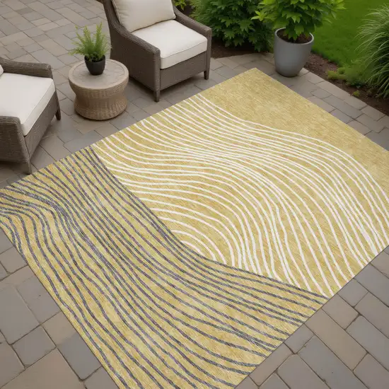Gold Ivory And Charcoal Striped Washable Indoor Outdoor Area Rug Photo 7