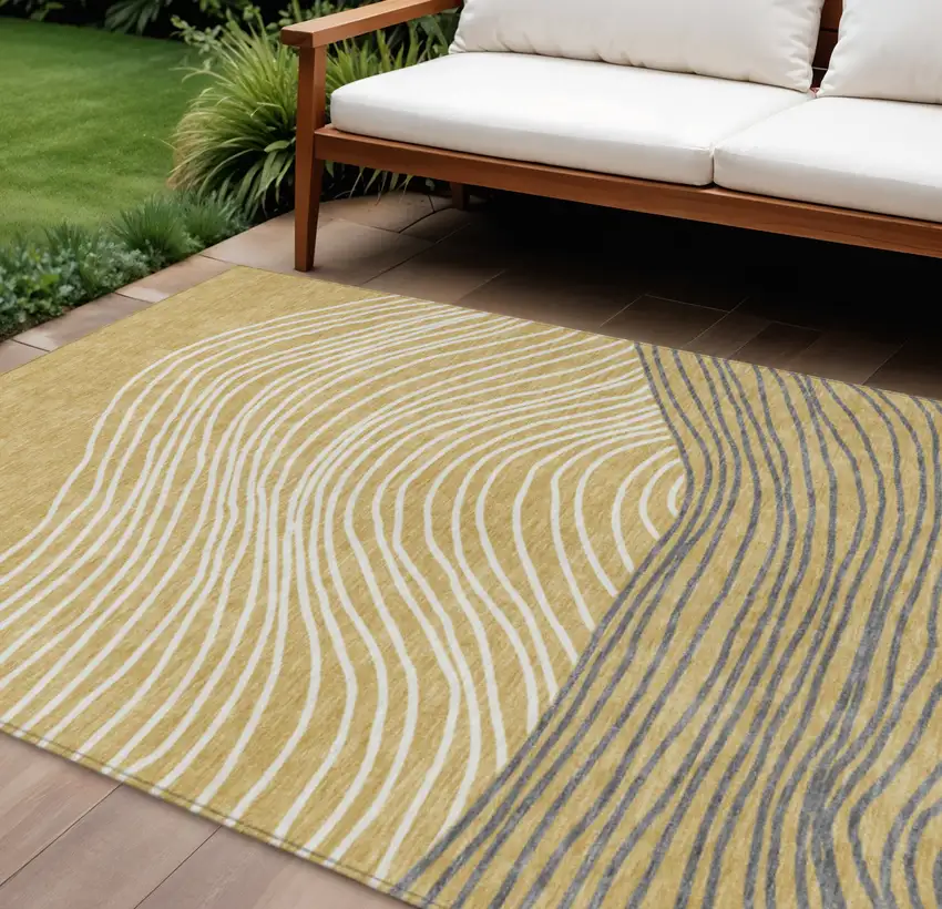 Gold Ivory And Charcoal Striped Washable Indoor Outdoor Area Rug Photo 1