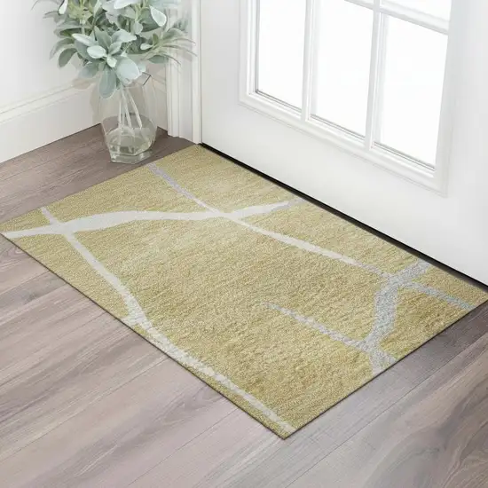 Gold Ivory And Gray Abstract Geometric Washable Area Rug With UV Protection Photo 2