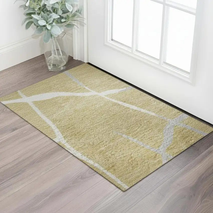 Gold Ivory And Gray Abstract Geometric Washable Area Rug With UV Protection Photo 2