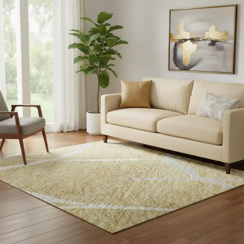 Gold Ivory And Gray Abstract Geometric Washable Area Rug With UV Protection Photo 2