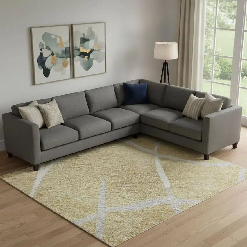 Gold Ivory And Gray Abstract Geometric Washable Area Rug With UV Protection Photo 2