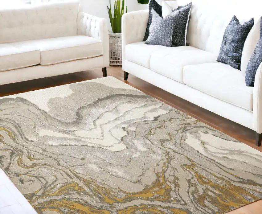Gold Ivory And Gray Abstract Stain Resistant Area Rug Photo 1