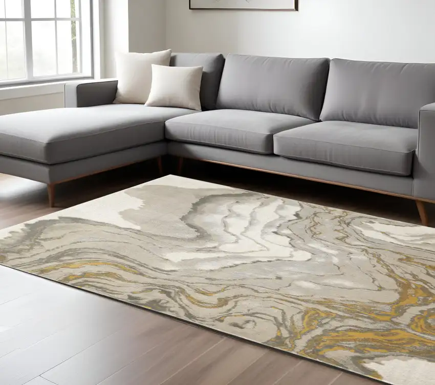 Gold Ivory and Gray Abstract Area Rug Photo 1